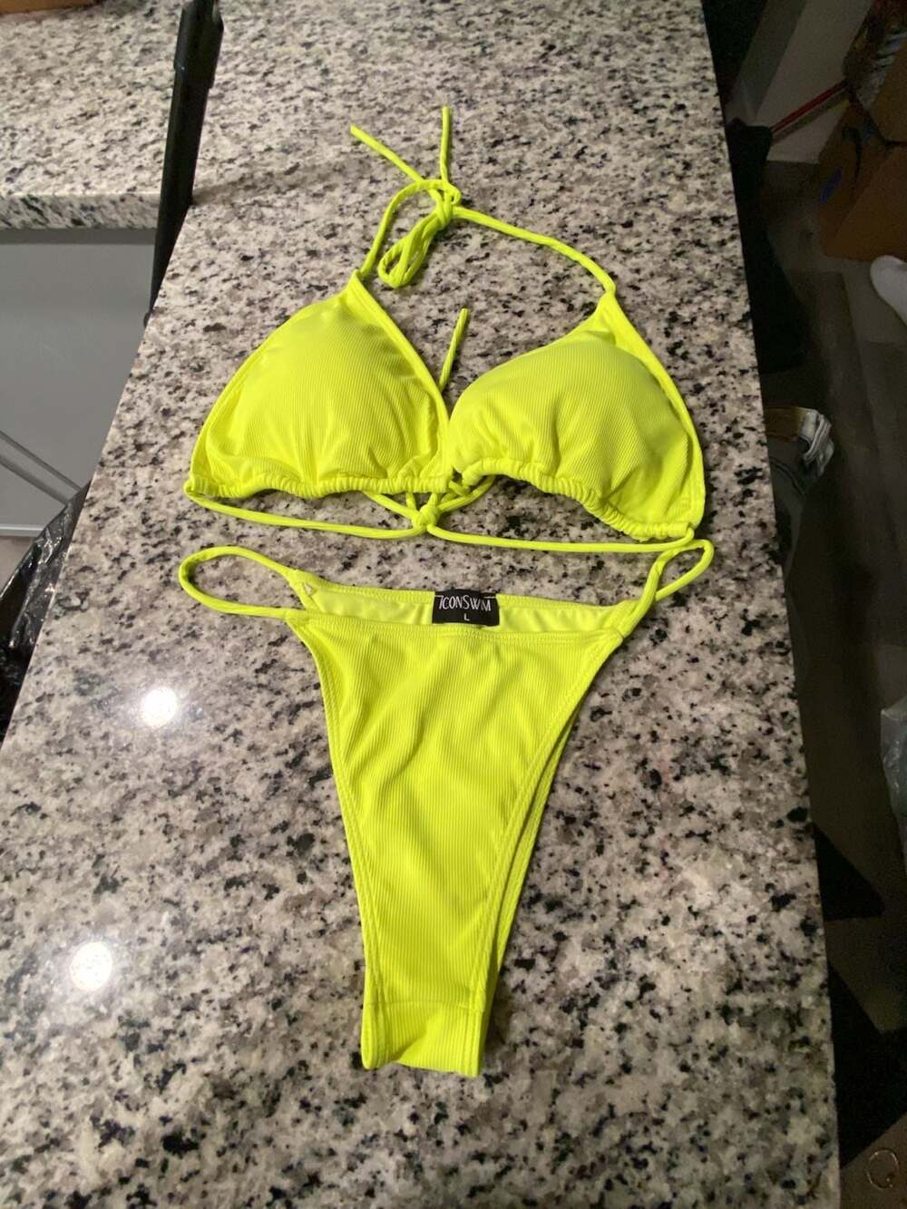 ICONSWIM Neon Yellow Ribbed Halter Triangle Bikini Set Size L